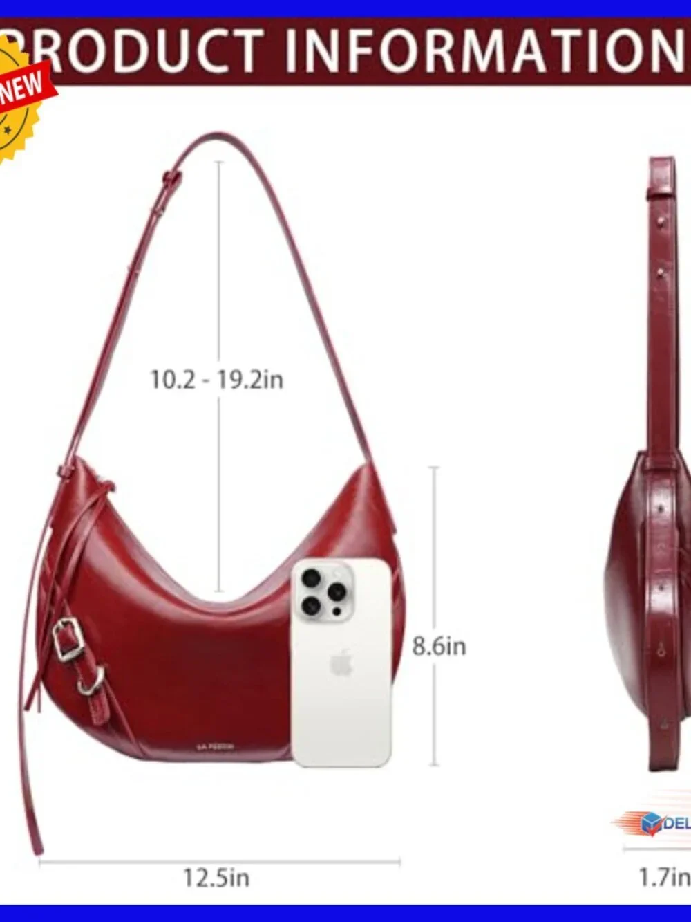 Split Leather Hobo Shoulder Bag with Adjustable Strap, Zipper Closure